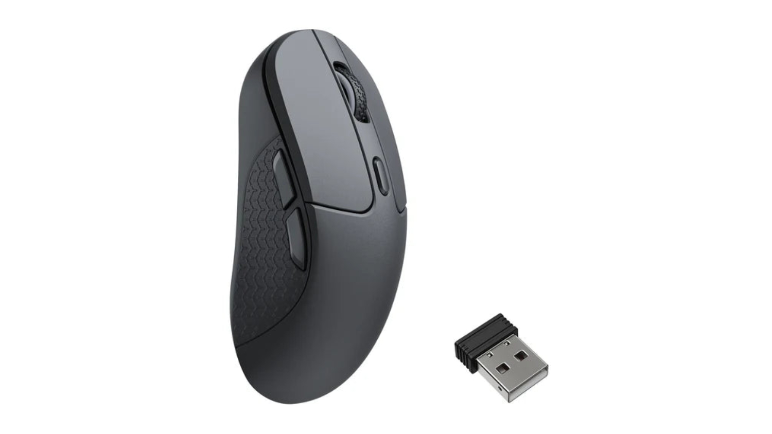 Black ergonomic Keychron M3 8KHz wireless computer mouse with side buttons, shown next to its small USB receiver