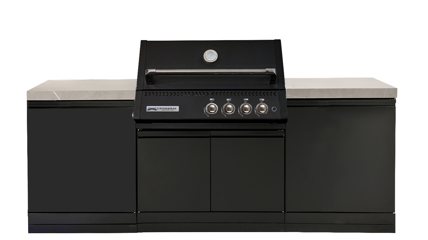 Front view of the Crossray Compact XPlor 4‑Burner Gas BBQ Outdoor Kitchen in matte black