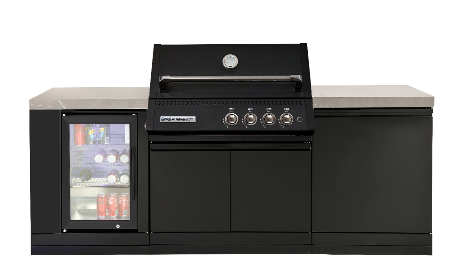 Front view of the Crossray Compact XPlor 4‑Burner Gas BBQ Outdoor Kitchen with Fridge in matte black