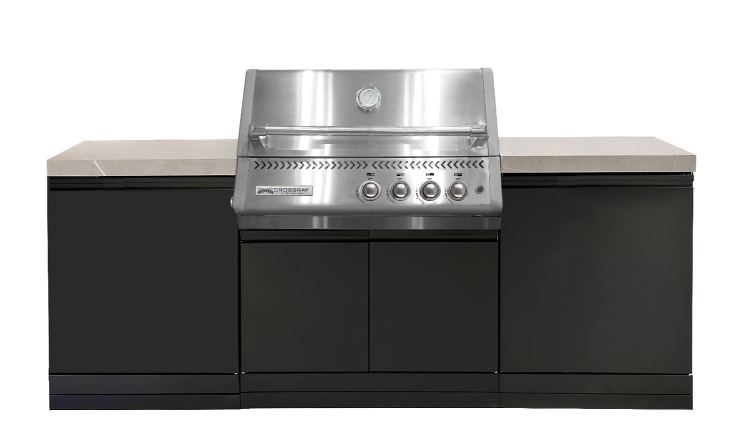 Front view of the Crossray Compact XPlor 4‑Burner Gas BBQ Outdoor Kitchen in stainless steel