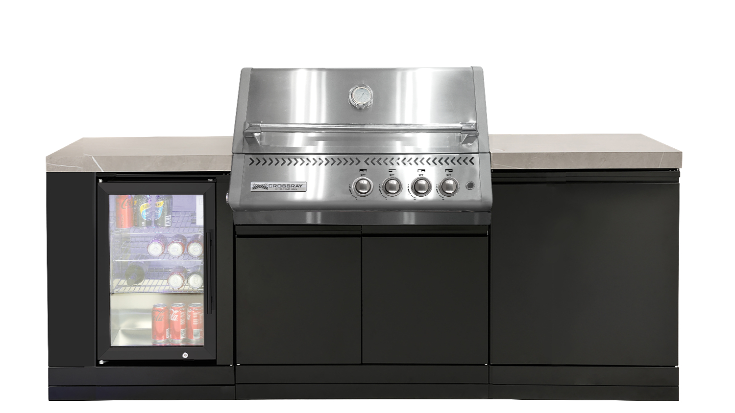 Front view of the Crossray Compact XPlor 4‑Burner Gas BBQ Outdoor Kitchen with Fridge in stainless steel