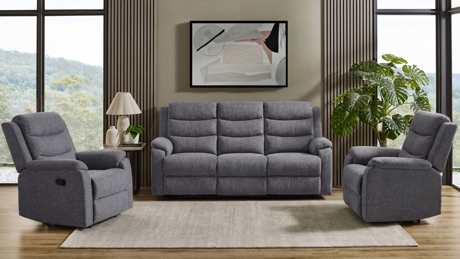 Lennox 3 Piece Fabric Recliner Lounge Suite in grey fabric,  shown in a styled living room