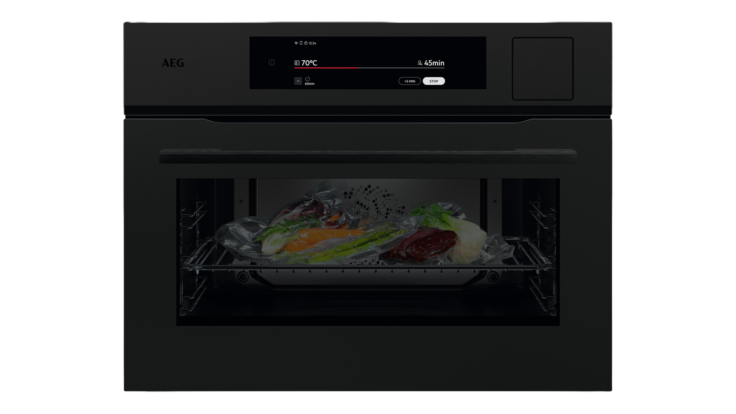 AEG 45cm Built-In Compact Smart AI Steam Oven in a sleek matte black colour