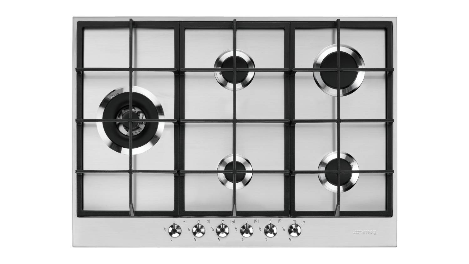 Top‑down view of the Smeg Classic 72 cm stainless steel gas cooktop featuring five burners