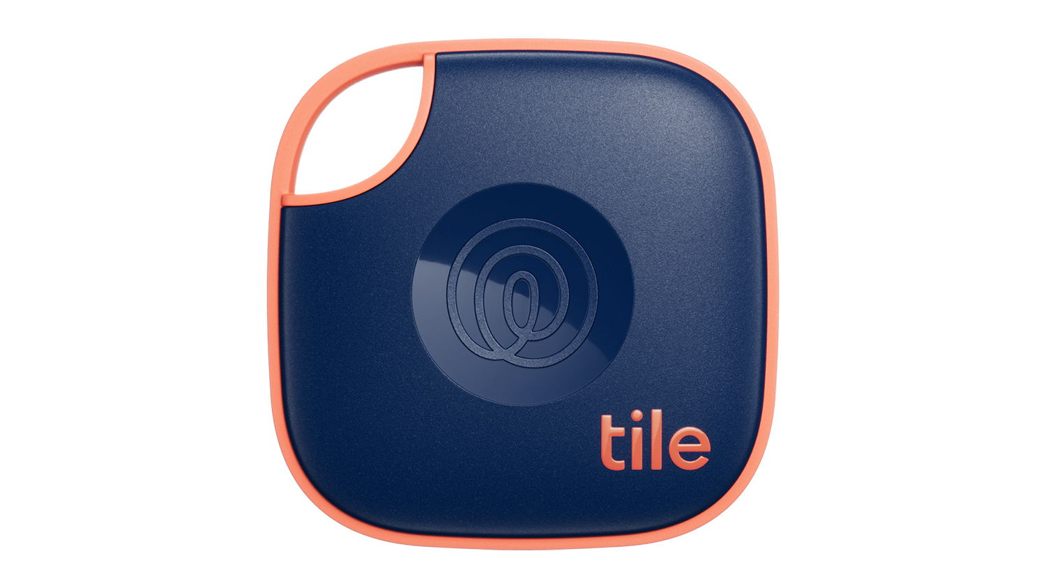 Front view of a square Tile Mate tracker in blue with a bright orange border