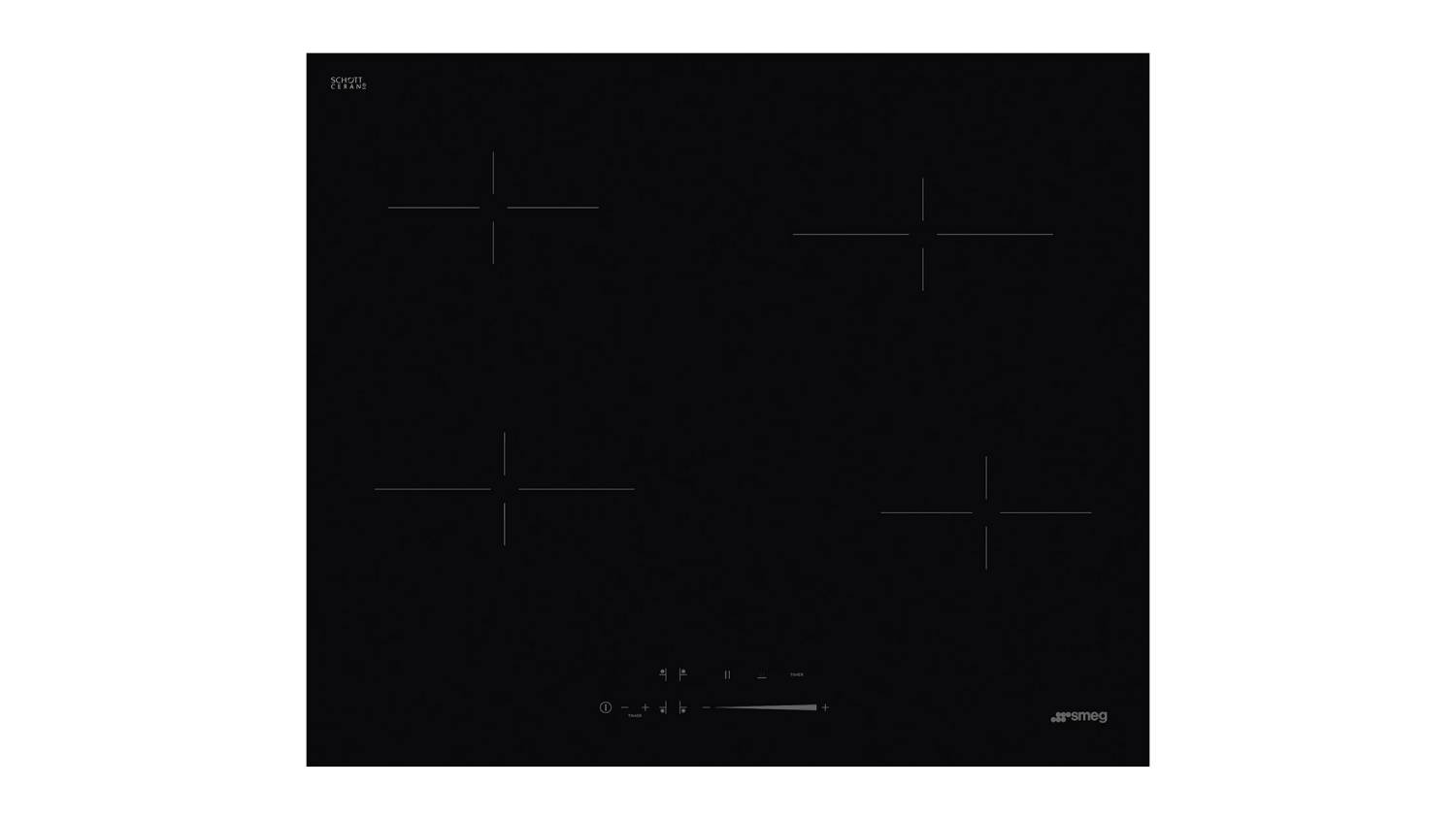 Top‑down view of the Smeg 60 cm black ceramic cooktop featuring four cooking zones marked by cross indicators