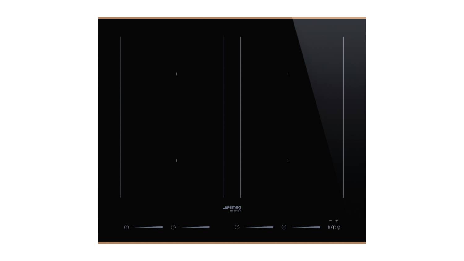 Top‑down view of a black Smeg Dolce Stil Novo 60 cm induction cooktop with four distinct cooking zones