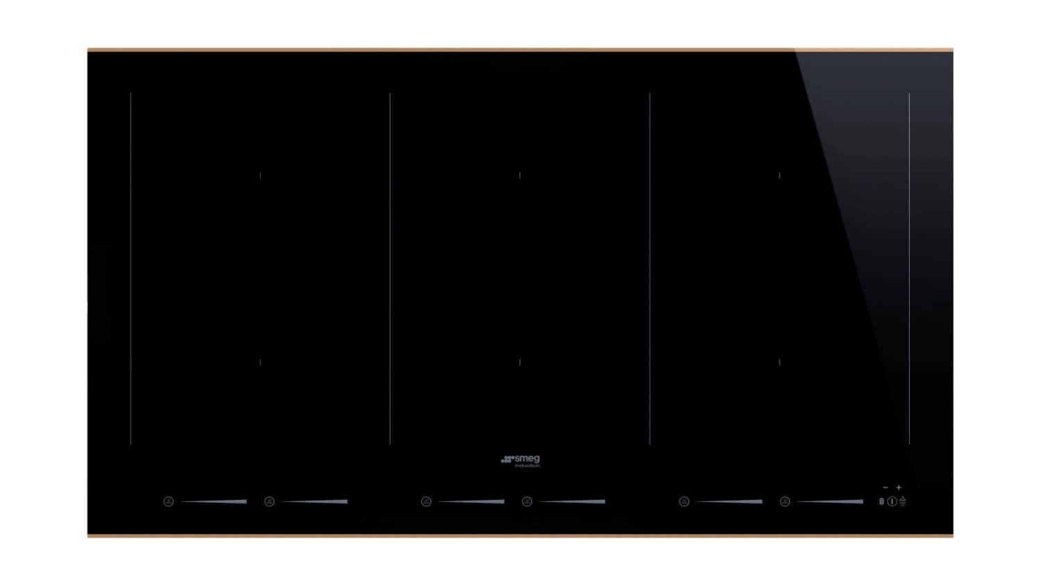Top‑down view of a black Smeg Dolce Stil Novo 90 cm induction cooktop with six cooking zones