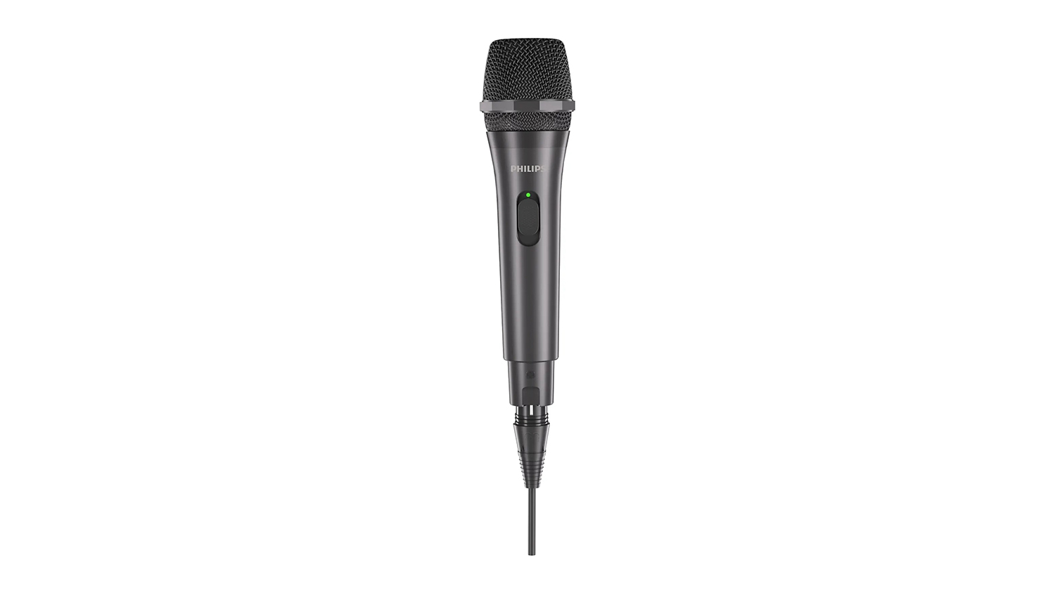 Philips dynamic wired microphone in black, featuring an integrated on-off slider and attached cable