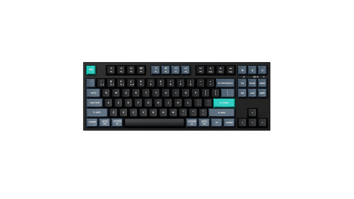 A front-angled view of the Keychron B33-K9 Wireless Full-Size Mechanical Keyboard in  black/teal finish