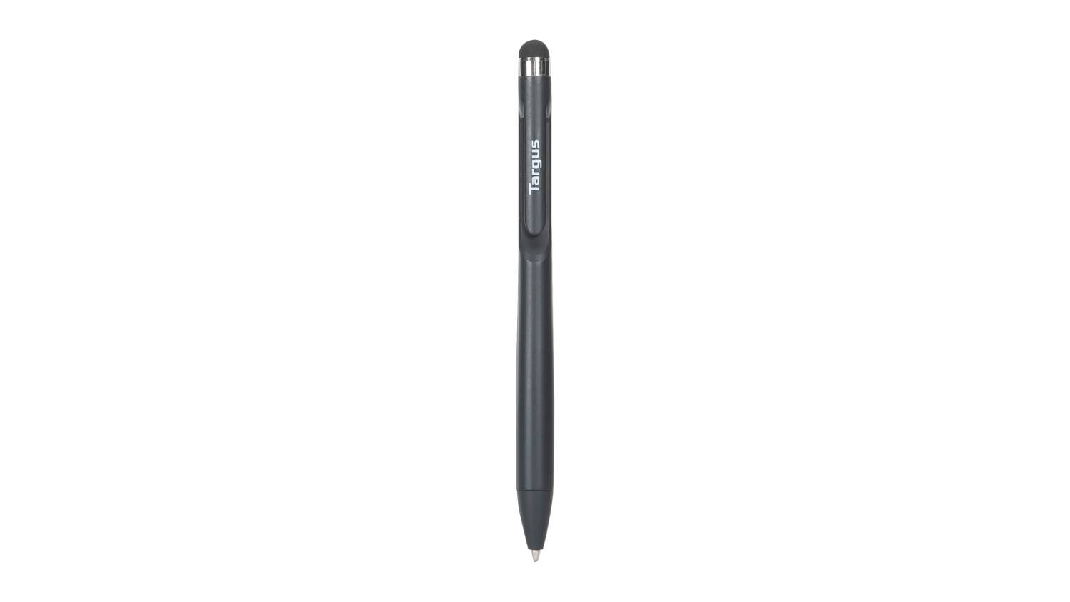 Front view of the Targus Antimicrobial Stylus Pen in black. The slim stylus features a soft rubber tip
