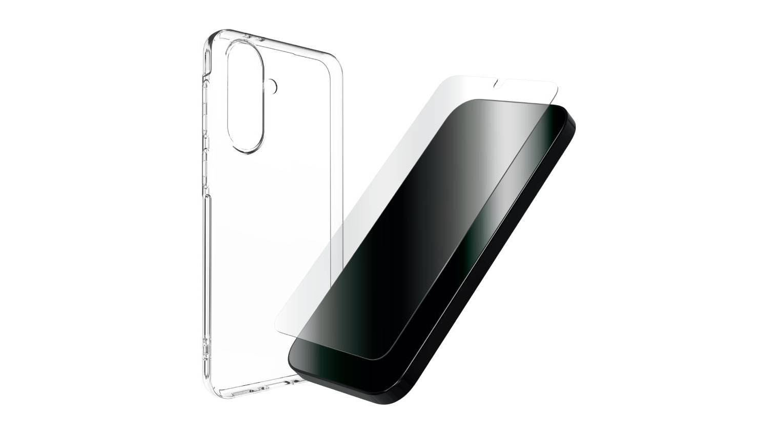 Clear Zagg protective case and screen protector displayed next to a Samsung Galaxy A37