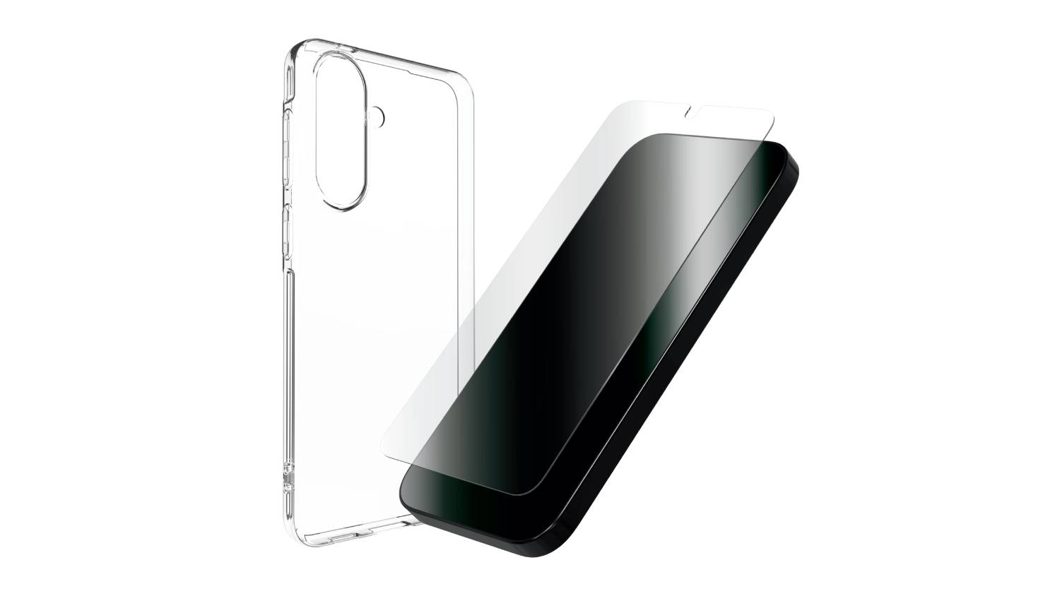 Clear Zagg protective case and screen protector displayed next to a Samsung Galaxy A57