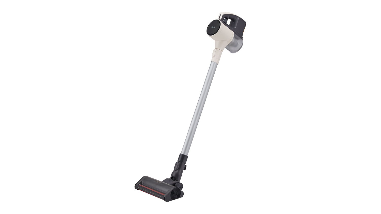 Angled front view of the LG CordZero A9L Prime cordless stick vacuum in calming beige