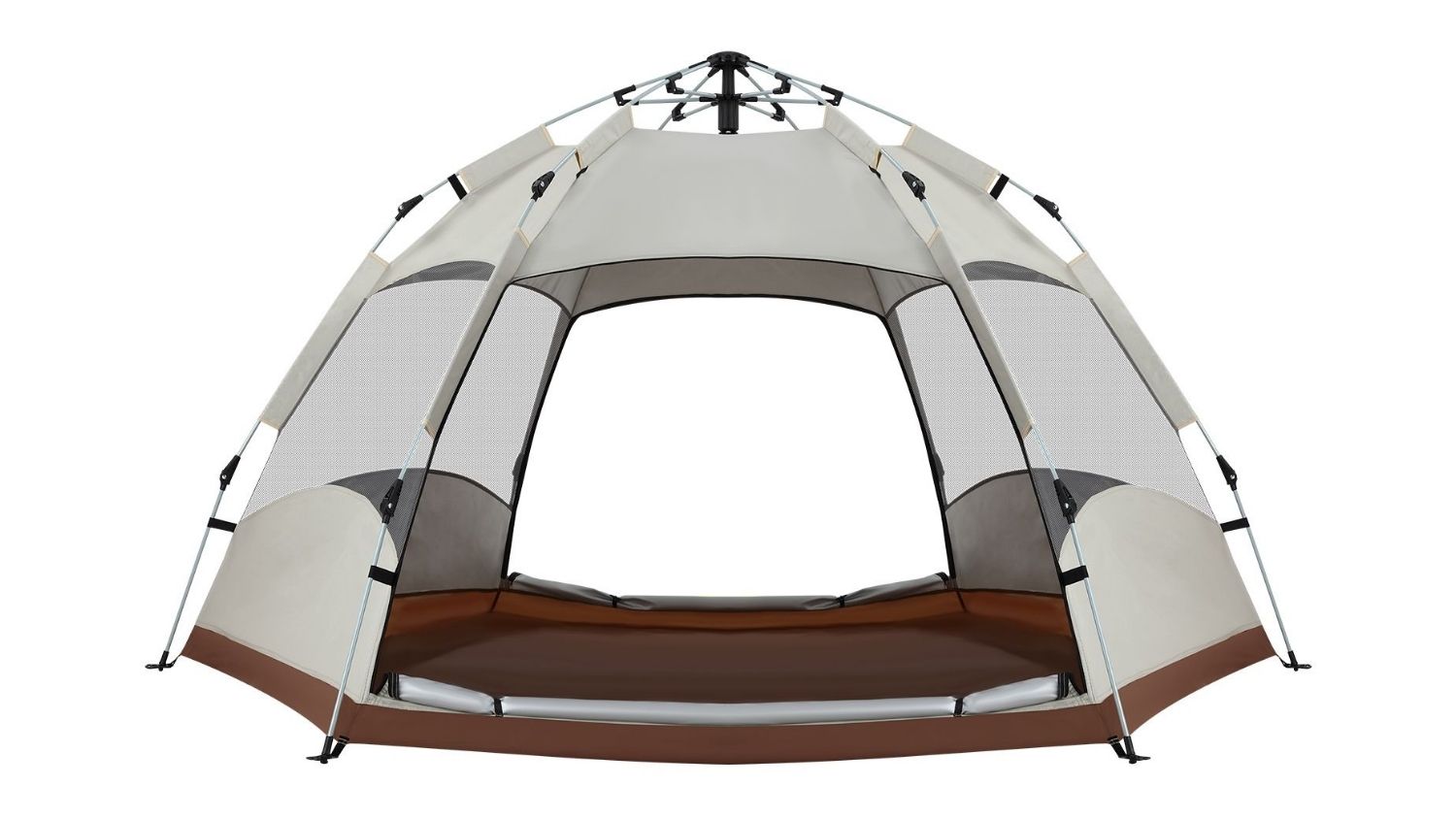 A beige pop‑up camping tent front view with wide mesh panels, sturdy frame, and breathable design for outdoor camping comfort