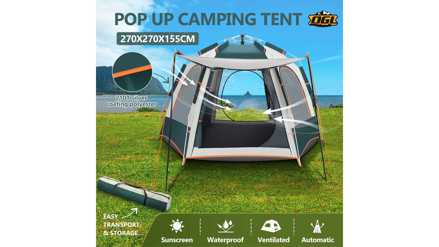 OGL Pop-Up 5 Man Camping Tent with Ventilation, Carry Case 270 x 270 x 155cm - Green/White