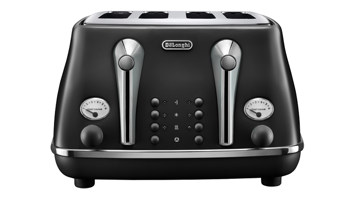 Front view of the De'Longhi Icona Capitals 4‑slice toaster in Edinburgh Black