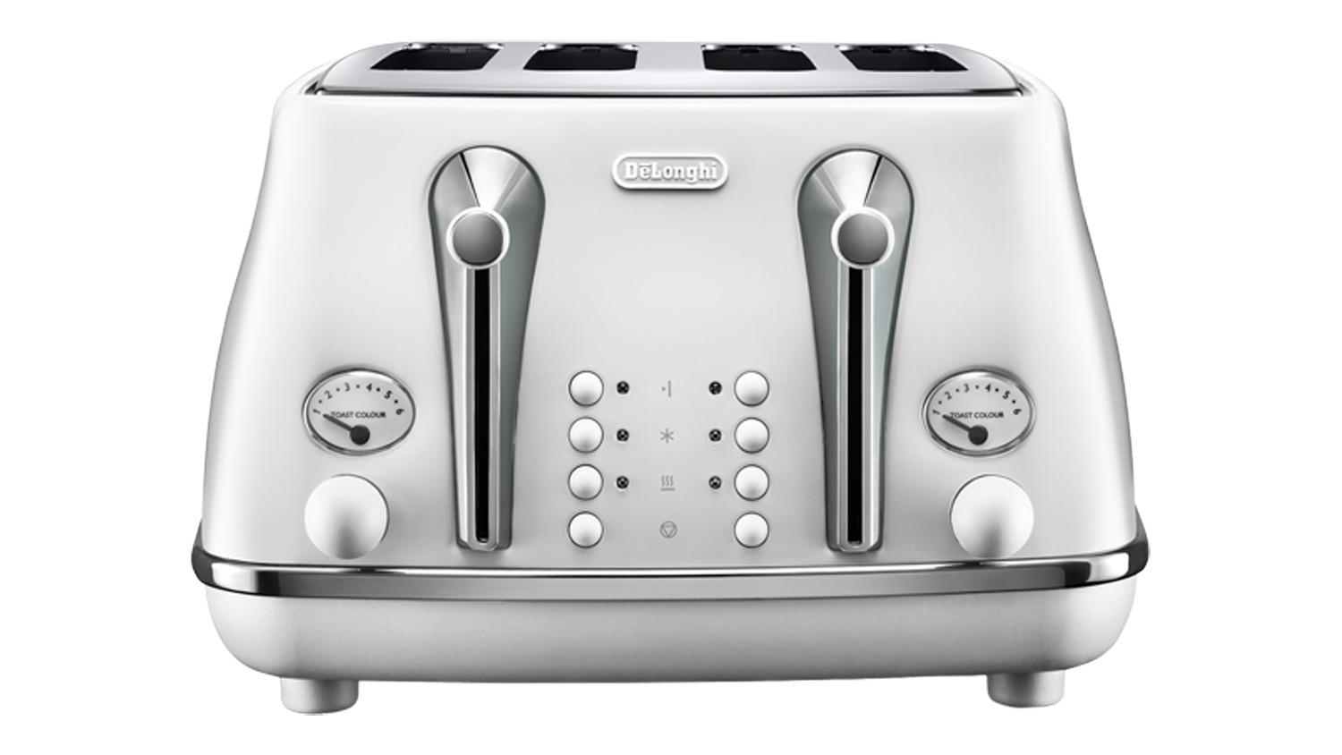 Front view of the De'Longhi Icona Capitals 4‑slice toaster in Helsinki White finish
