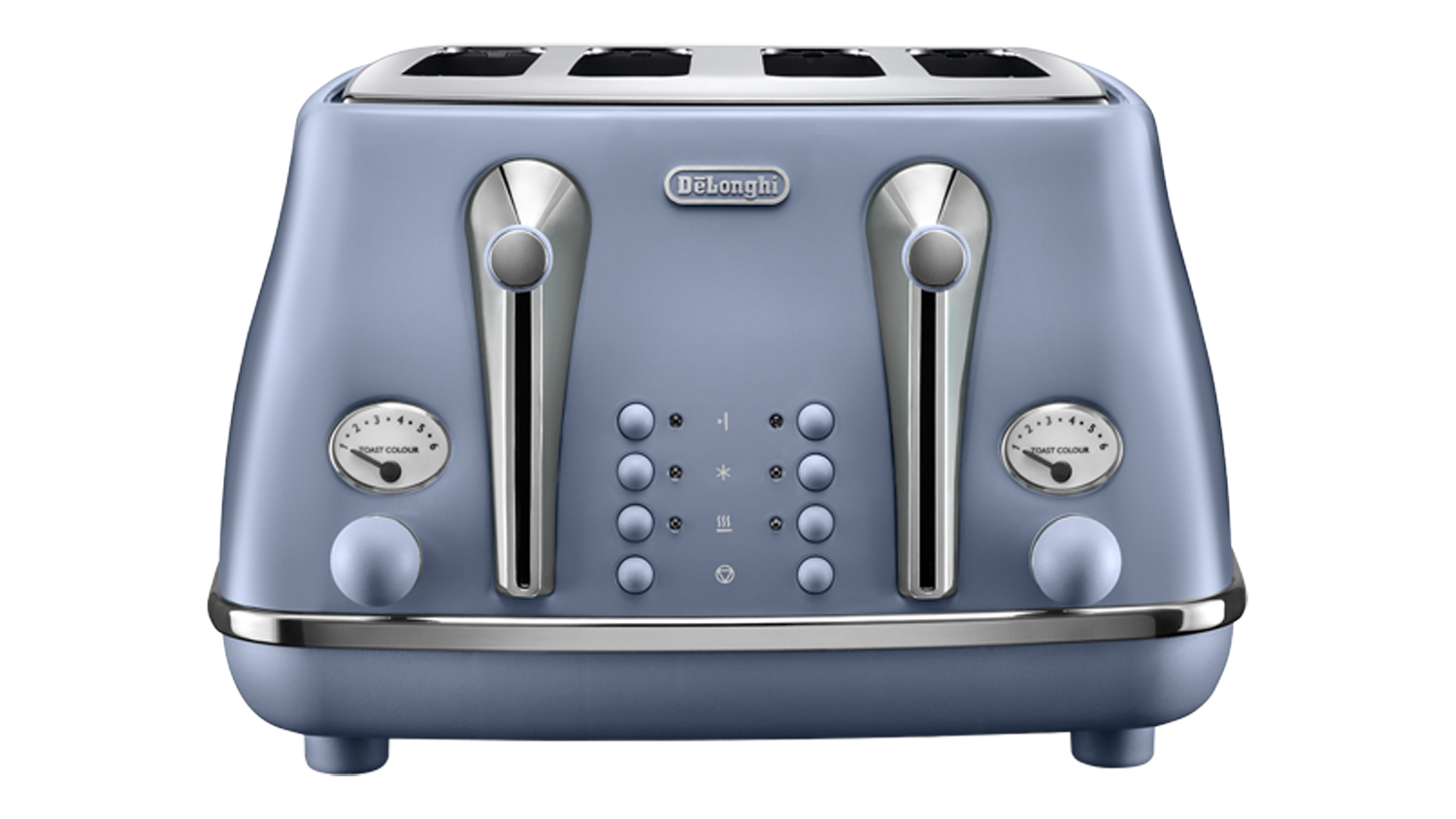 Front view of the De'Longhi Icona Capitals 4‑slice toaster in Dubai Blue finish