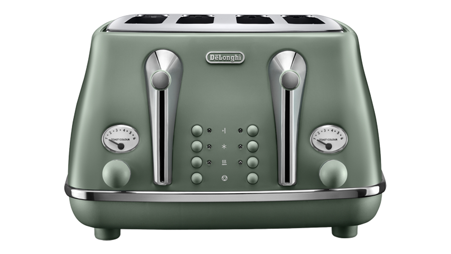 Front view of the De'Longhi Icona Capitals 4‑slice toaster in Copenhagen Green finish