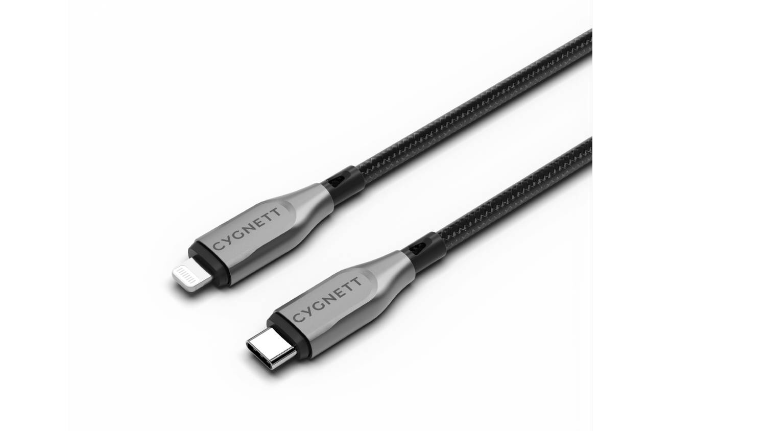 Armoured black USB‑C to Lightning charging cable with a braided nylon exterior
