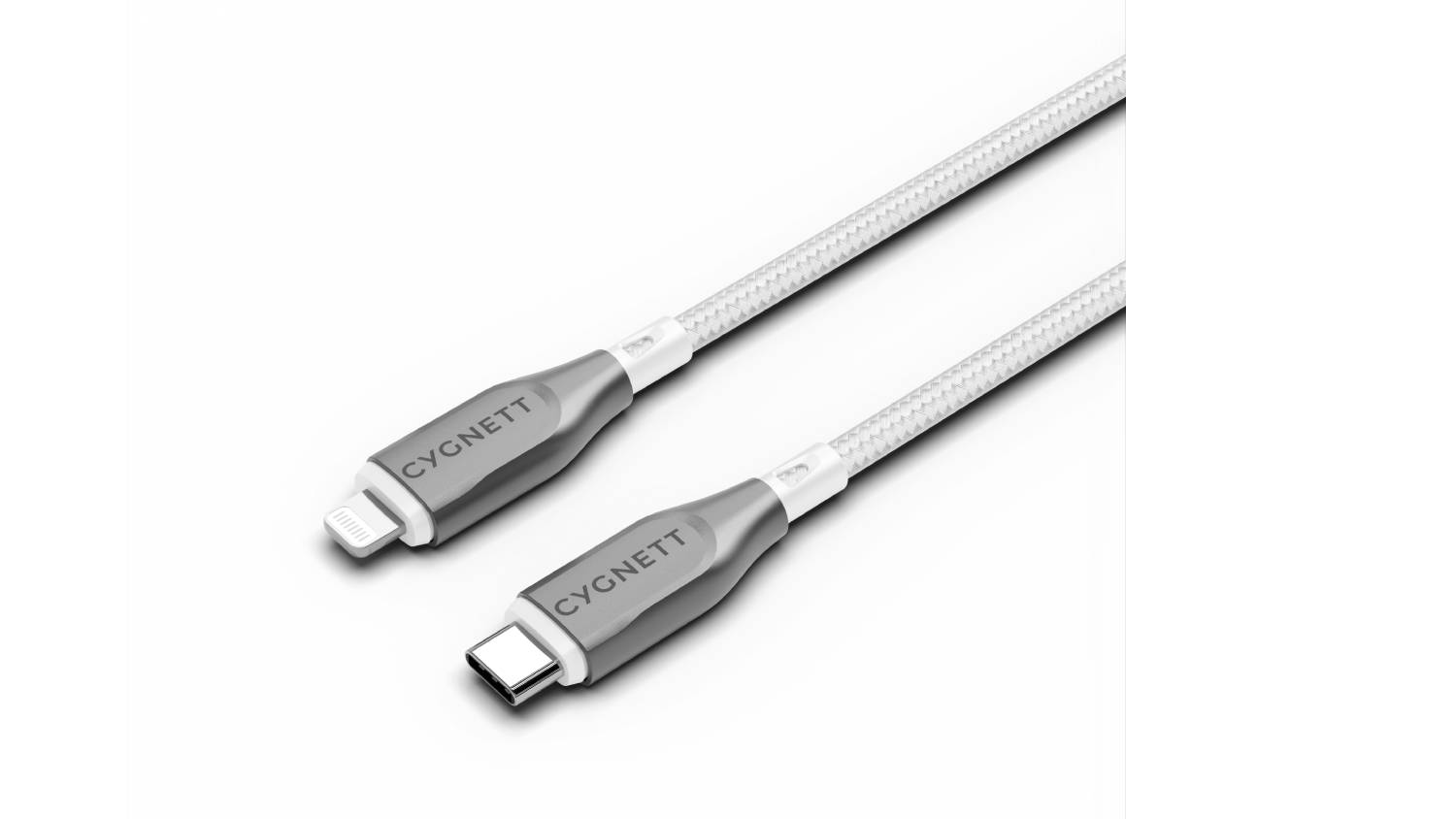 Armoured white USB‑C to Lightning charging cable with a braided nylon exterior