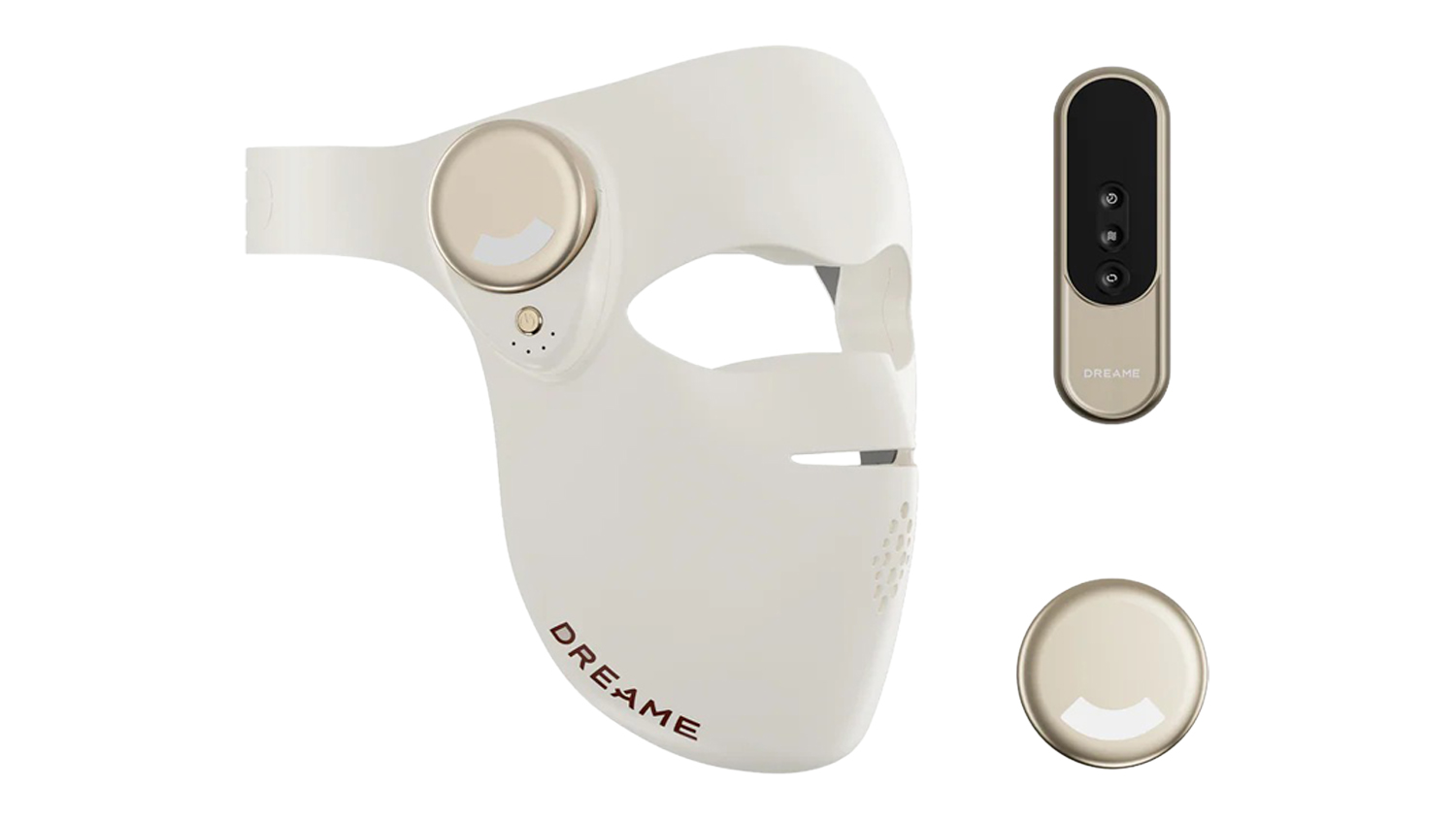 Beige Dreame Chrona Photon LED face mask shown from the side, featuring a sculpted facial shell