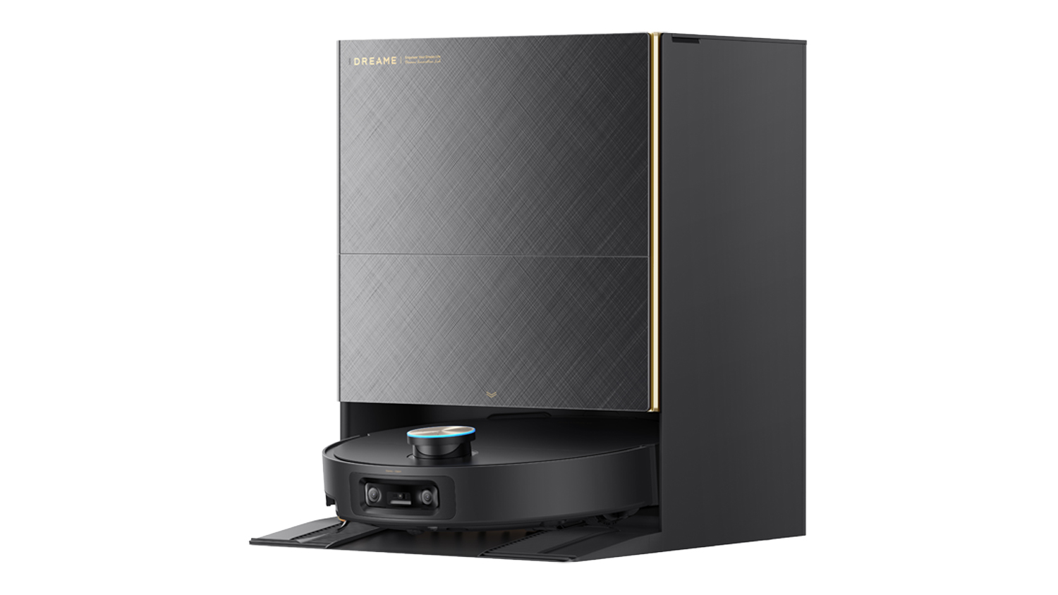 Front view of the Dreame X60 Ultra robotic vacuum docked inside a tall black multifunctional docking station