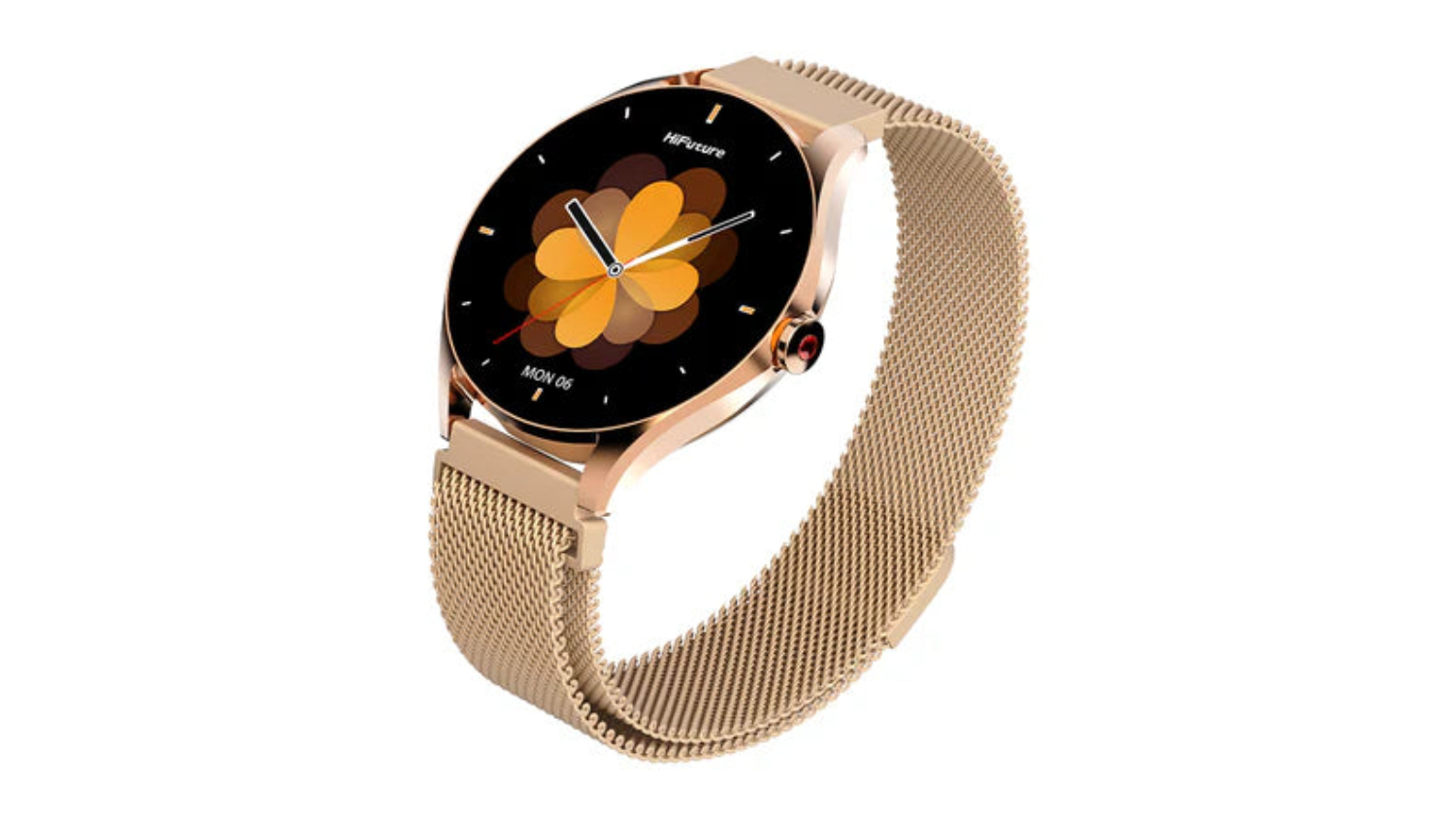 Round Hifuture AURA 2 smartwatch with a rose gold face, floral dial design, and gold mesh band