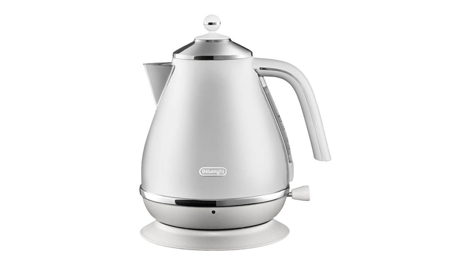 Front view of the De'Longhi Icona Capitals 1.7L electric kettle in Helsinki White finish