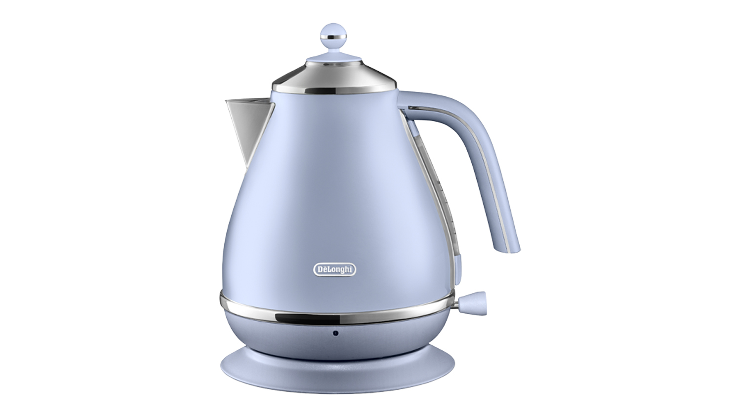 Front view of the De'Longhi Icona Capitals 1.7L electric kettle in Dubai Blue finish