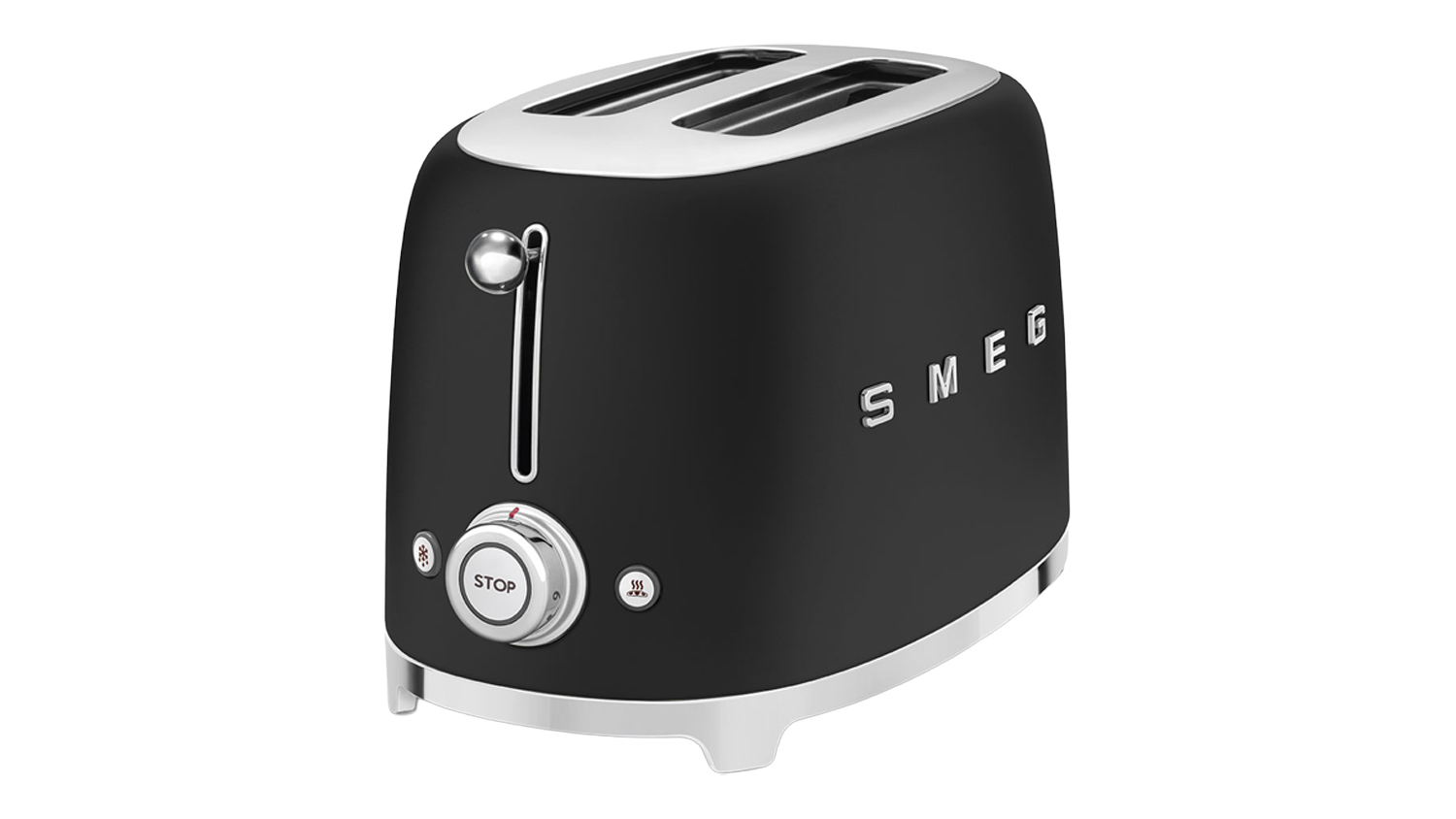 Angled front view of the Smeg 2‑slice toaster in matte black, showing rounded retro styling