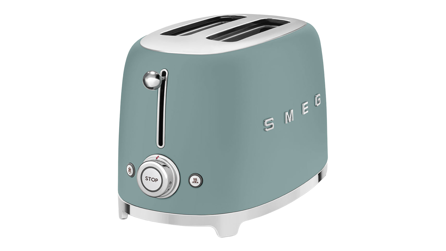 Angled front view of the Smeg 2‑slice toaster in matte green, showing rounded retro styling