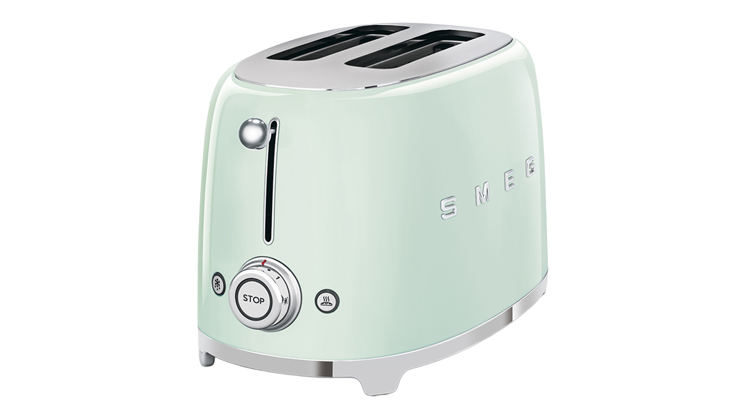 Angled front view of the Smeg 2‑slice toaster in glossy pastel green
