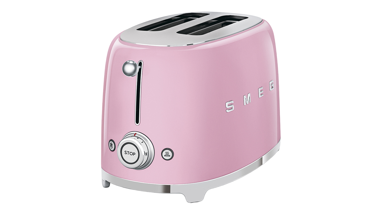 Angled front view of the Smeg 2‑slice toaster in glossy pink, showing rounded retro styling
