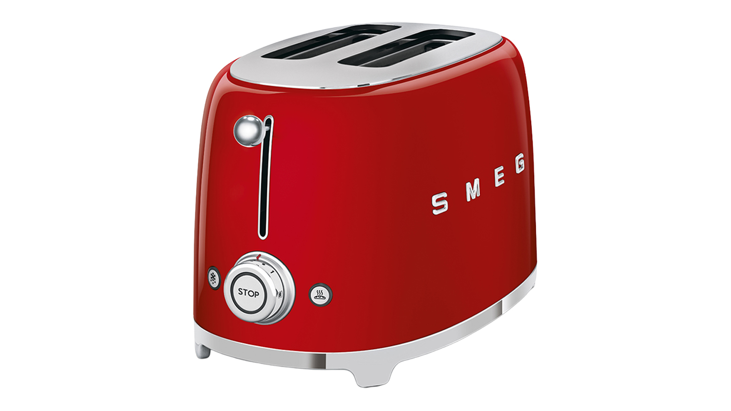 Angled front view of the Smeg 2‑slice toaster in glossy red, showing rounded retro styling