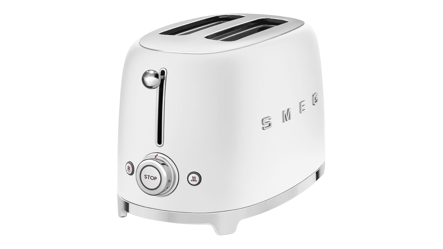 Angled front view of the Smeg 2‑slice toaster in matte white, showing rounded retro styling