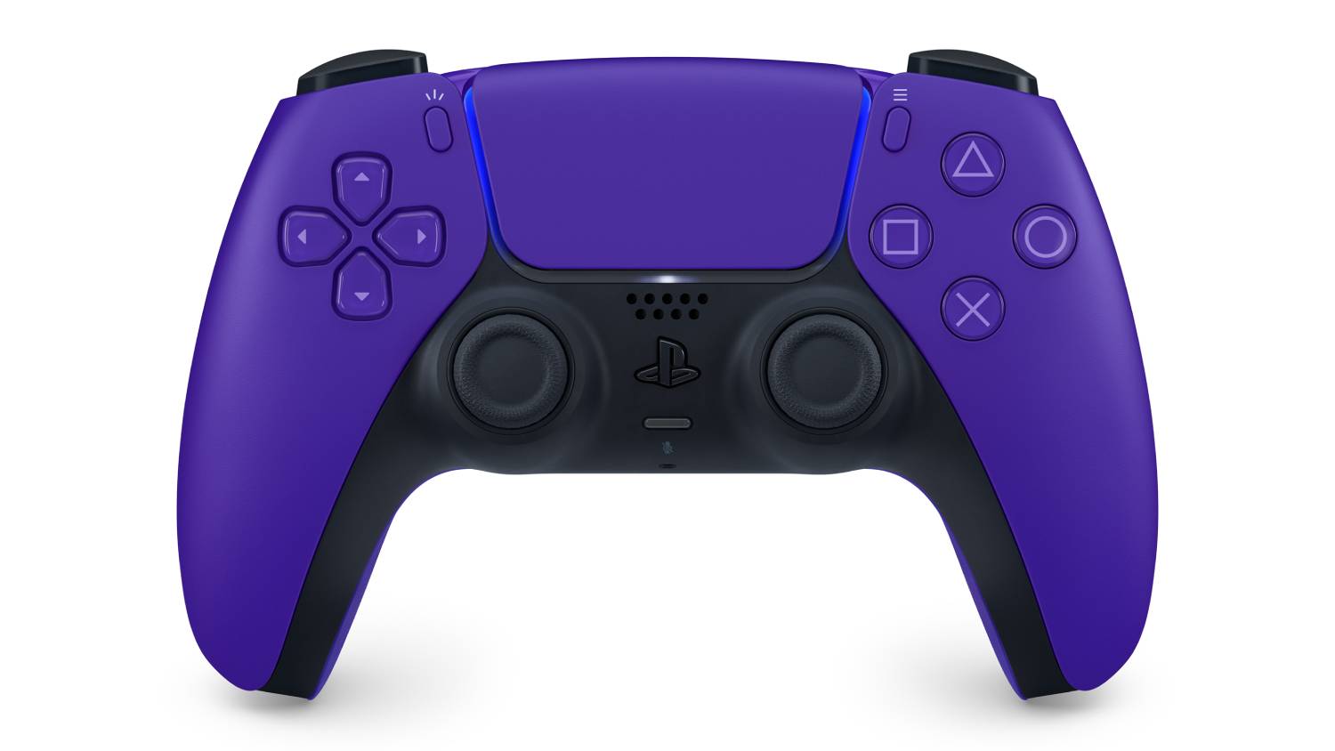 Front view of the PlayStation 5 DualSense wireless controller in Galactic Purple