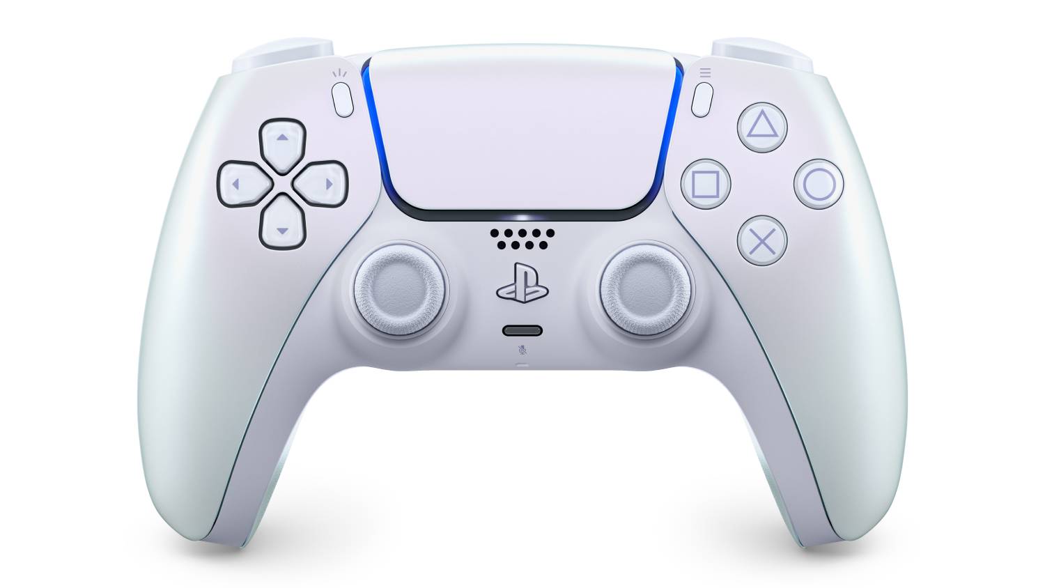 Front view of the PlayStation 5 DualSense wireless controller in Chroma Pearl