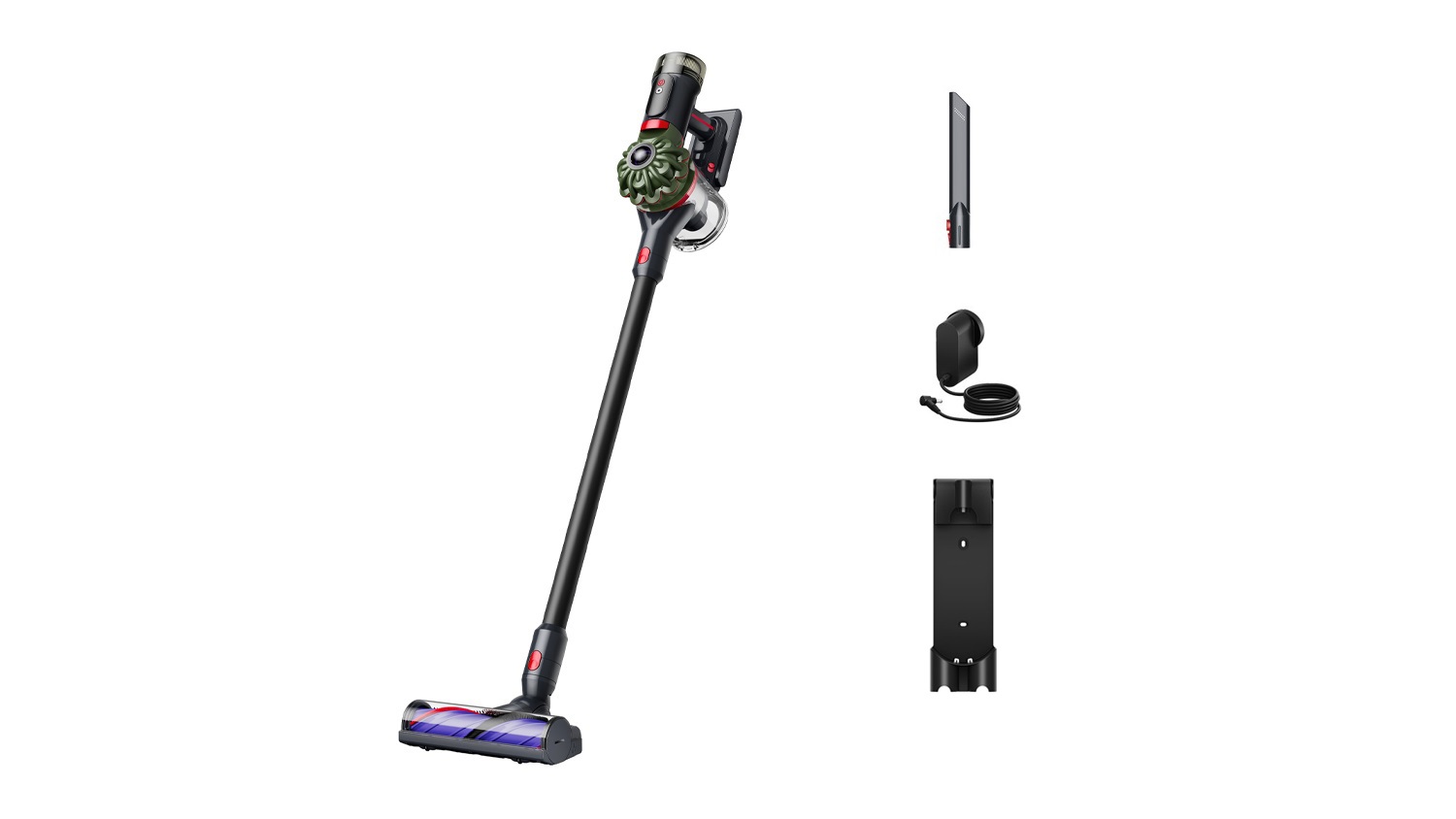 Dyson V8 Cyclone cordless stick vacuum in army green and black, shown at an angle