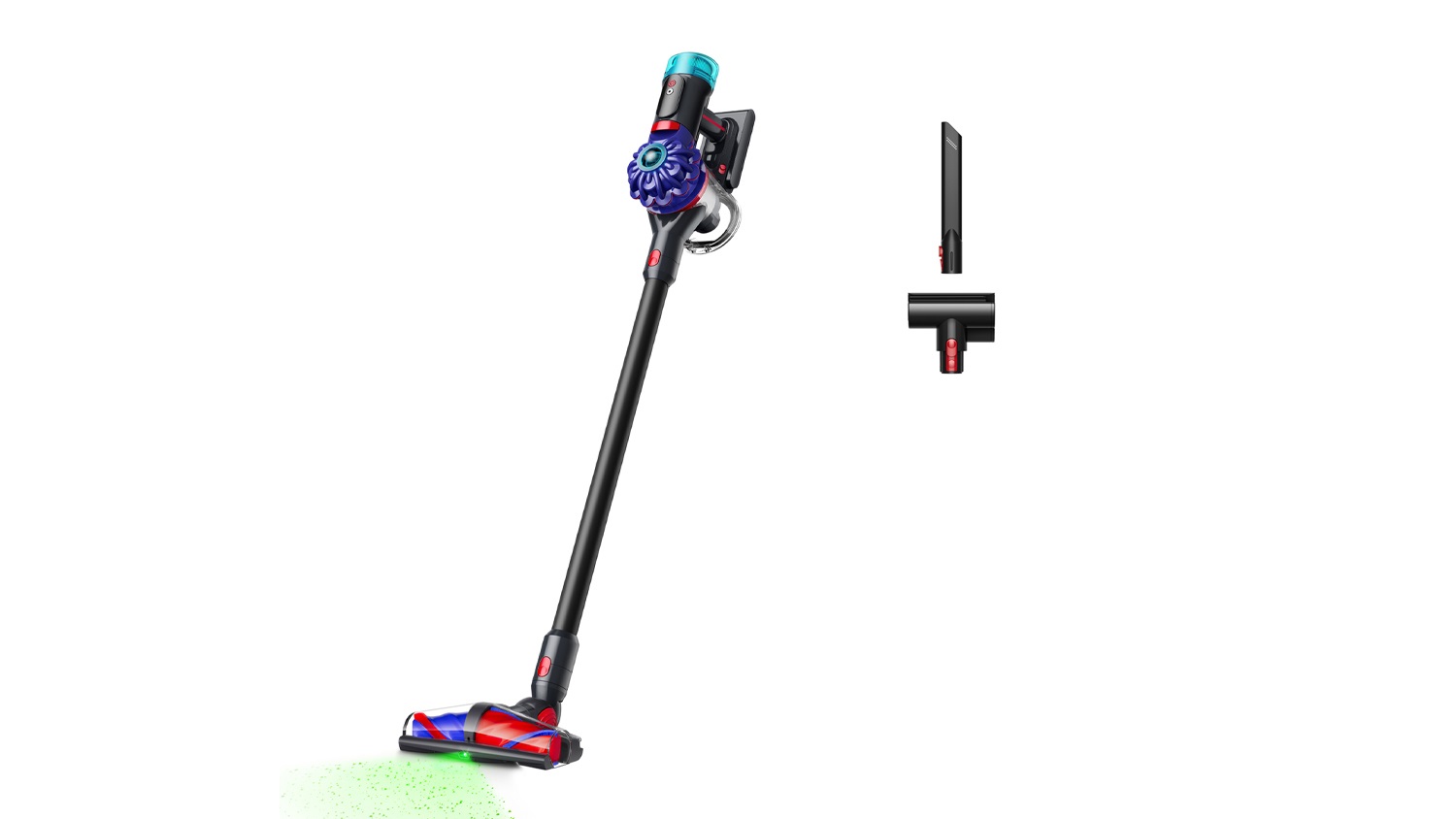 Dyson V10 Konical cordless stick vacuum shown at an angle, in black with blue and red accents