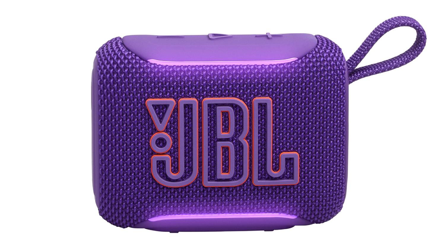 Front view of the JBL Go 5 portable Bluetooth speaker in purple