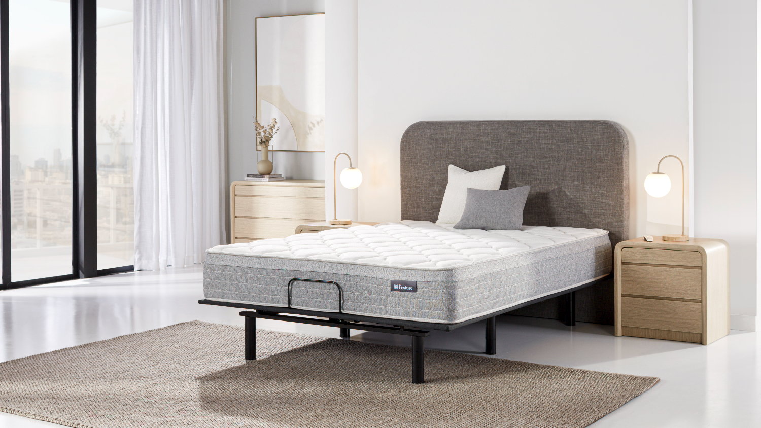 Front angled view of the mattress lying flat on the motion-adjustable base