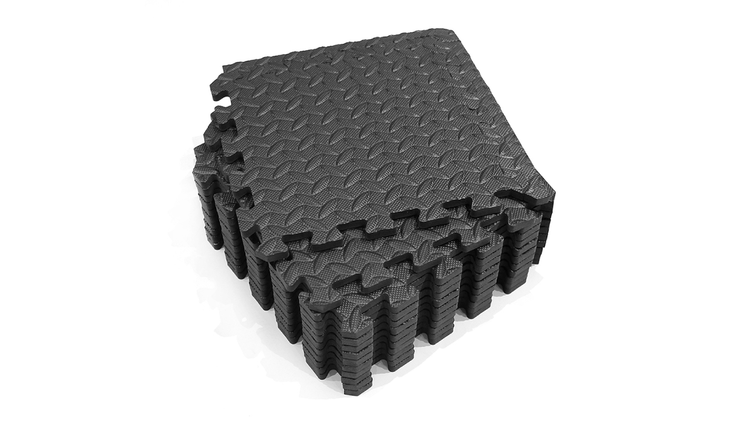 Stack of interlocking black Centra EVA foam floor mats with textured diamond pattern