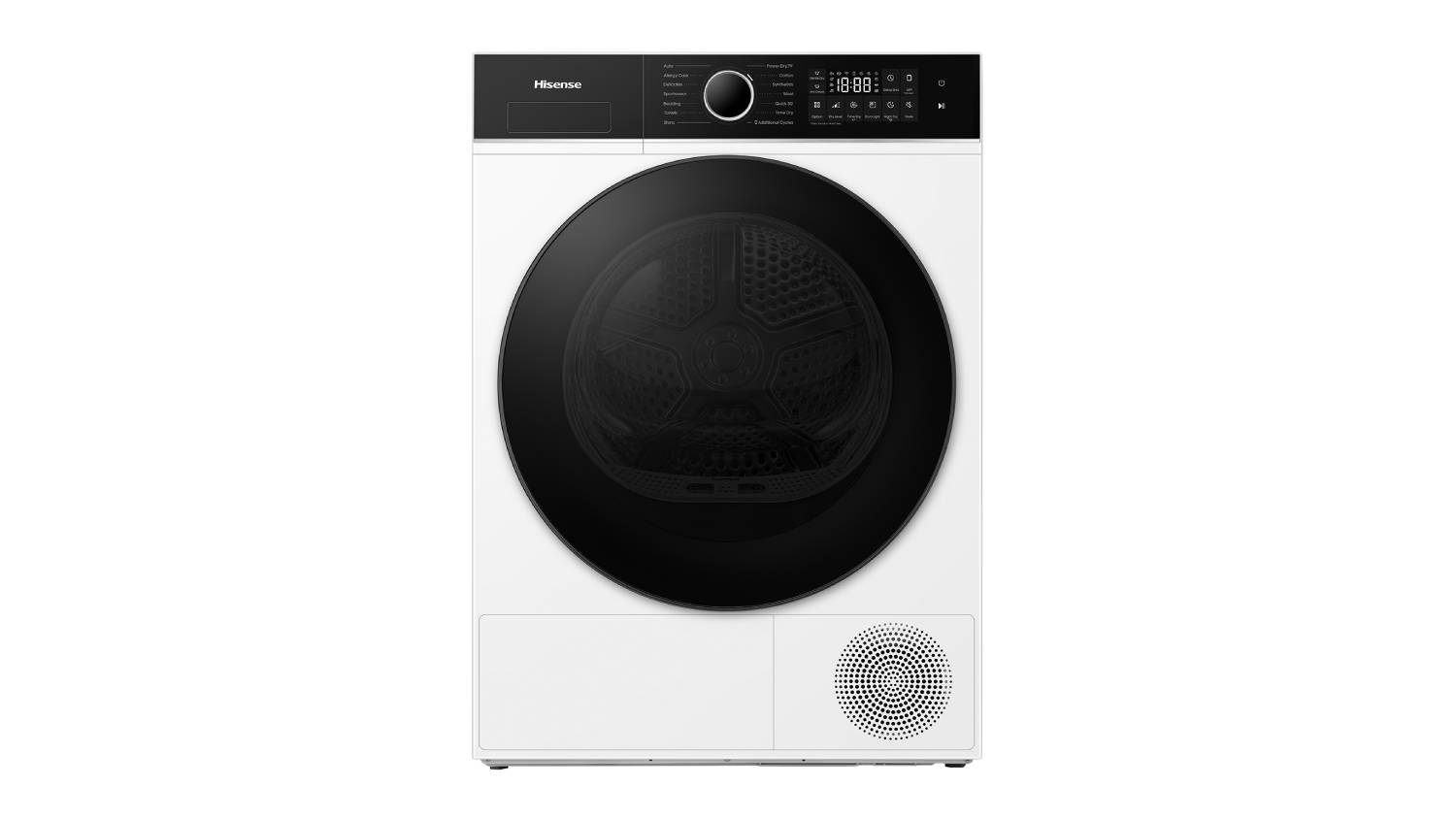 Front view of a white Hisense Series 5i heat pump dryer