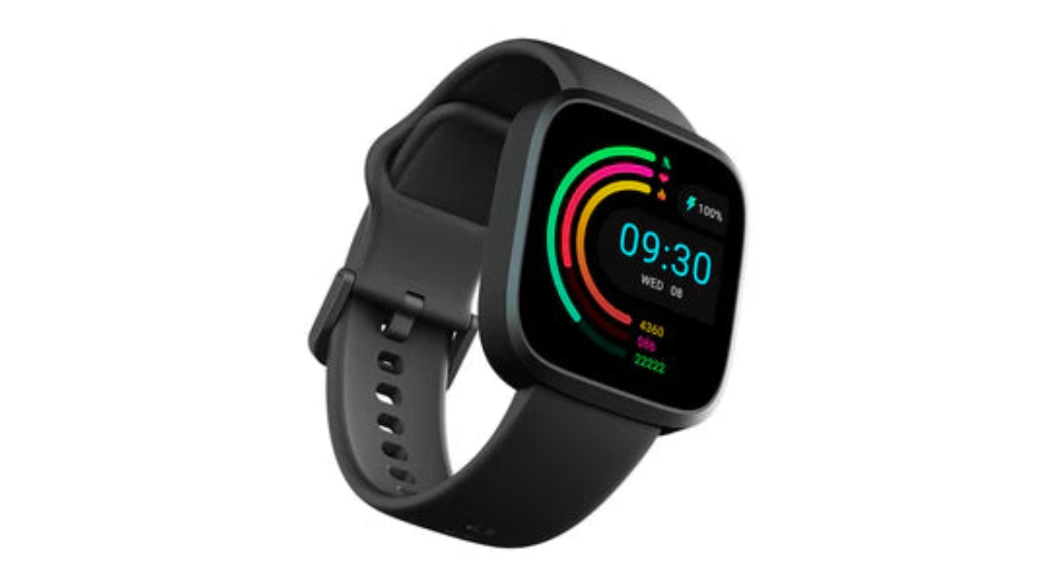 Black HiFuture EDGE square smartwatch showing colourful activity rings and time