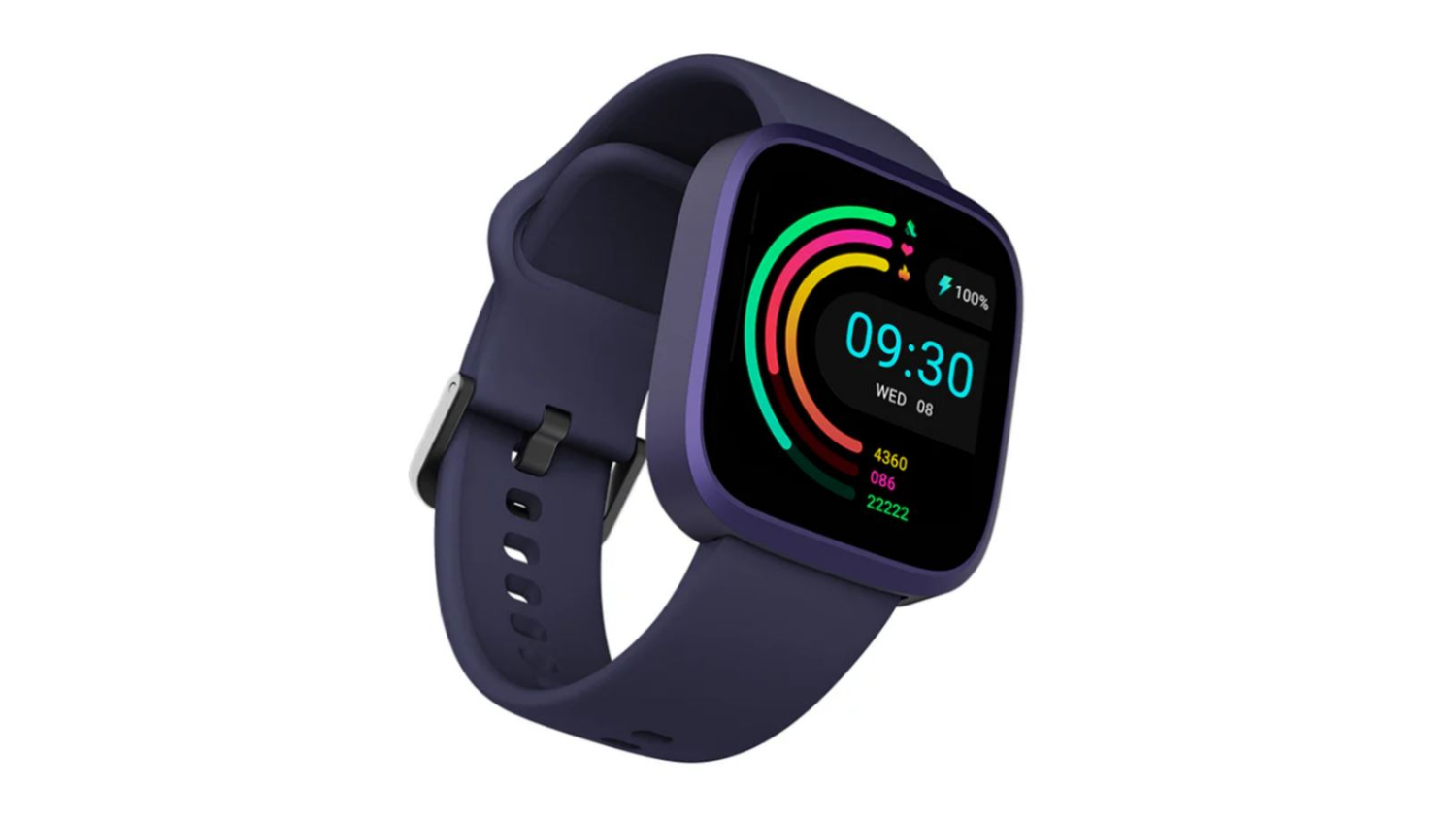 Purple HiFuture EDGE square smartwatch showing colourful activity rings and time