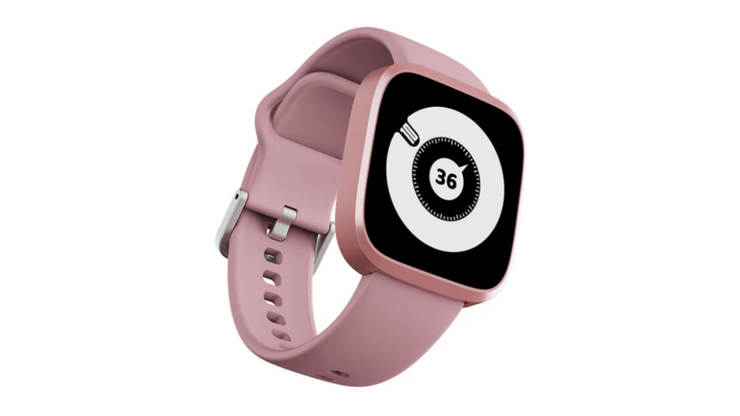 Pink HiFuture EDGE square smartwatch showing colourful activity rings and time