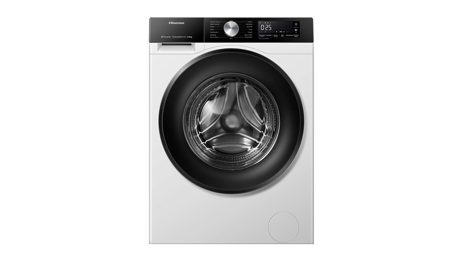 Front view of the white Hisense Series 3s washing machine with a black door and control panel