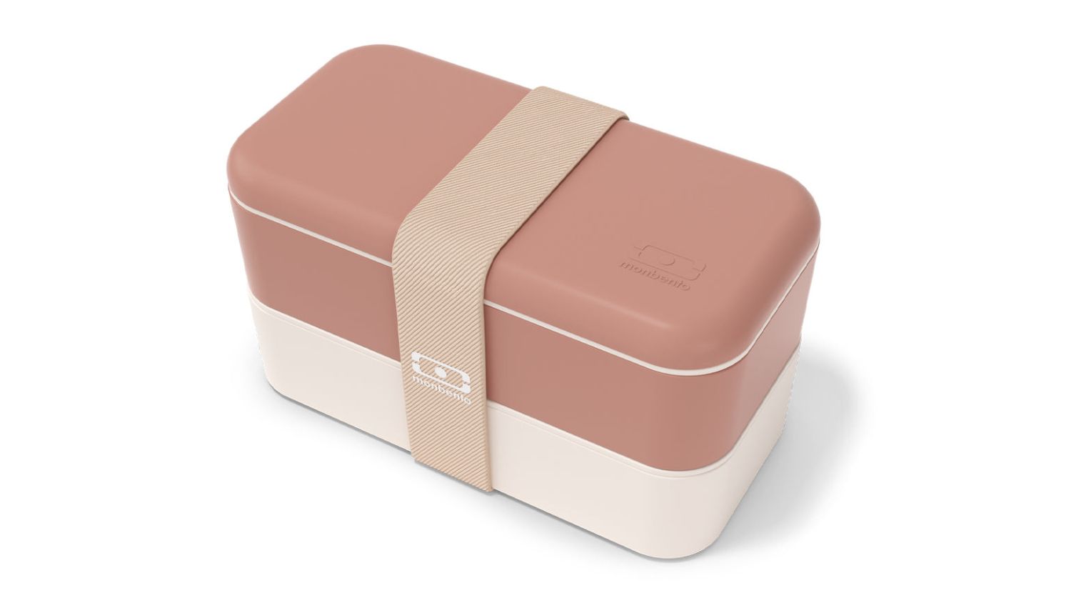Monbento MB Original Stacking Bento Lunch Box in blush pink and cream with elastic strap